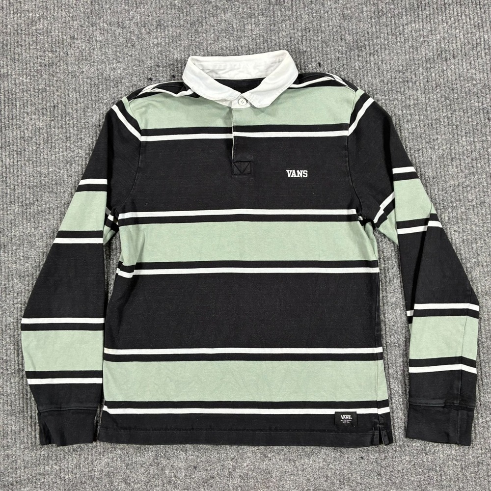 Vans Rugby Polo Shirt Mens Size Small Black Green Stripe Long Sleeve Classic Fit